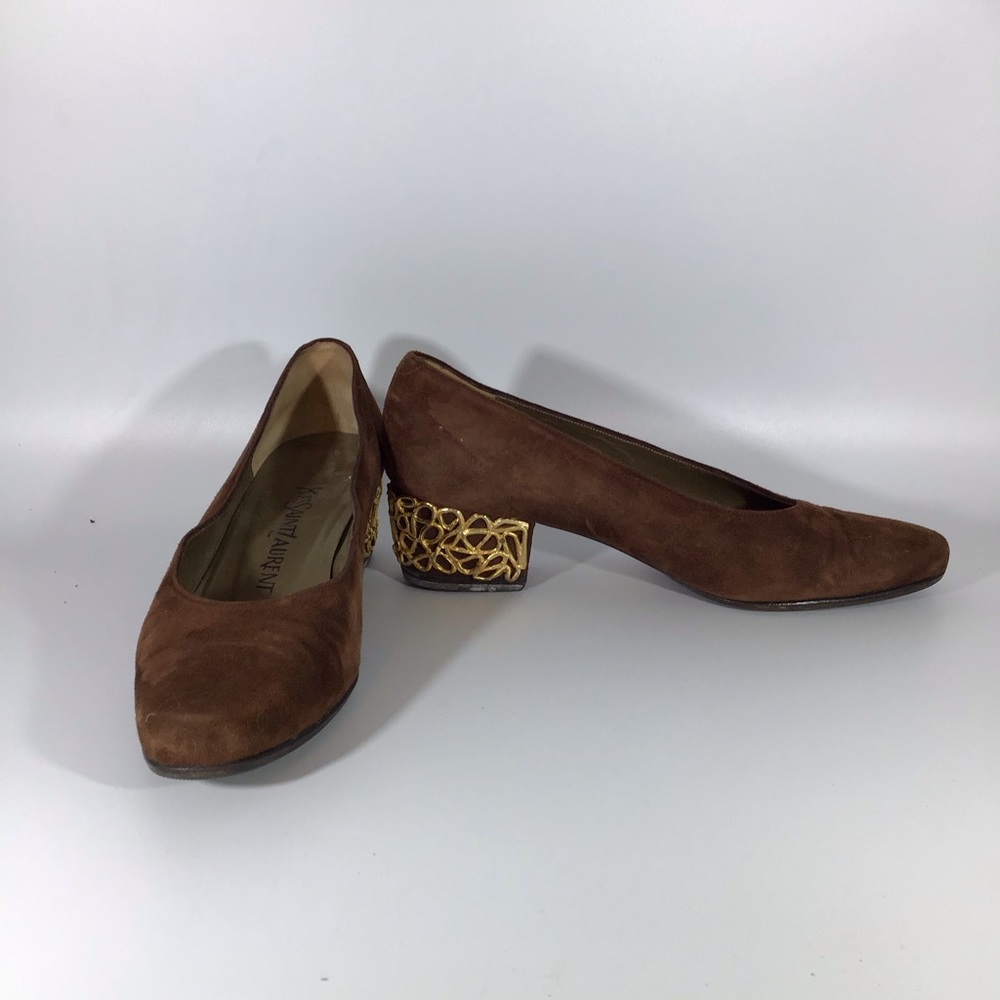 Yves Saint Laurent Gold and Brown Heels with Textured Accent